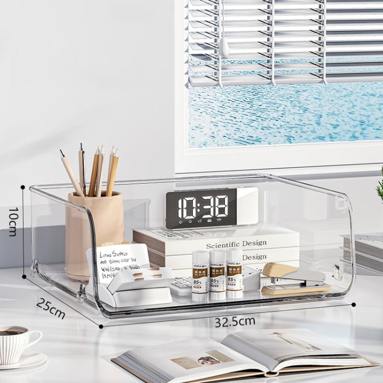 Clear acrylic desktop file rack with two open shelves and curved metal frame.