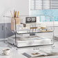 Clear acrylic desktop file rack with two open shelves and curved metal frame.