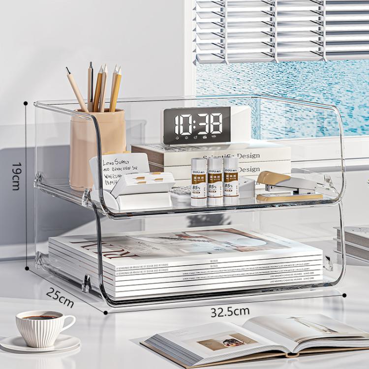 Clear acrylic desktop file rack with two open shelves and curved metal frame.