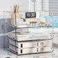 Clear acrylic desktop file rack with three open shelves and curved metal frame.