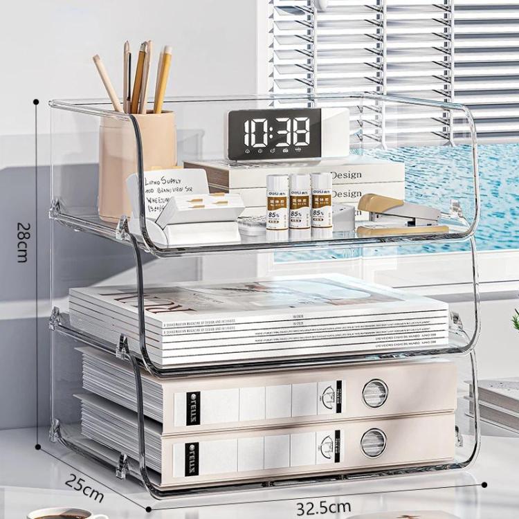 Clear acrylic desktop file rack with three open shelves and curved metal frame.