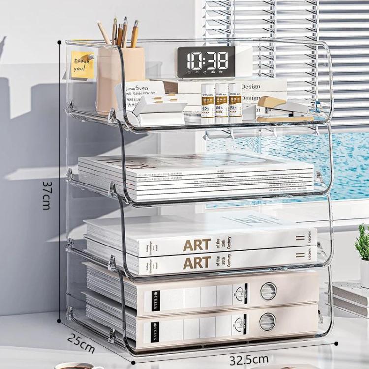 Clear acrylic desktop file rack with three open shelves and curved metal frame.