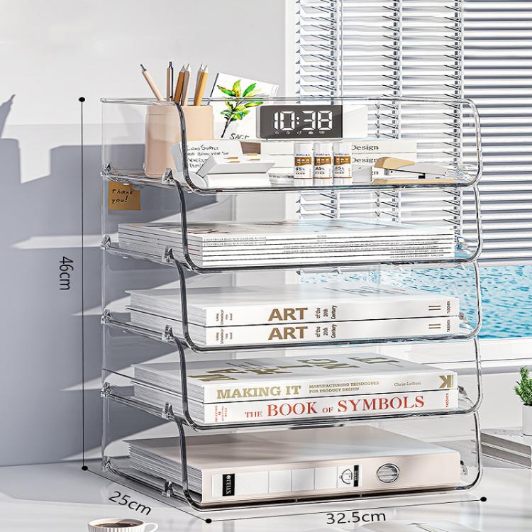 Clear acrylic desktop file rack with four open shelves and curved metal frame.