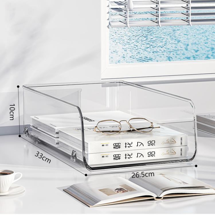 Clear acrylic desktop file rack with two open shelves and curved metal frame.