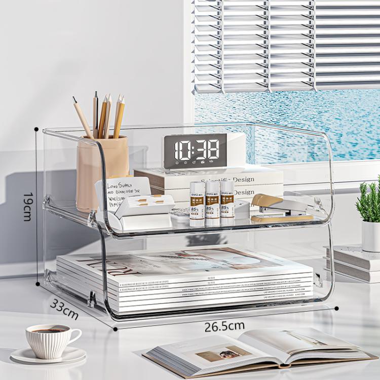 Clear acrylic desktop file rack with three open shelves and curved metal frame.