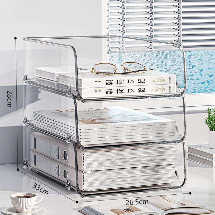 Clear acrylic desktop file rack with three open shelves and curved metal frame.