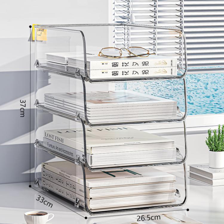 Clear acrylic desktop file rack with three open shelves and curved metal frame.