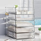 Clear acrylic desktop file rack with four open shelves and curved metal frame.