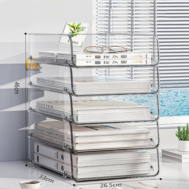 Clear acrylic desktop file rack with four open shelves and curved metal frame.