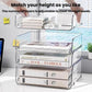 Transparent acrylic desktop file rack with 4 stacked shelves and metal side rails