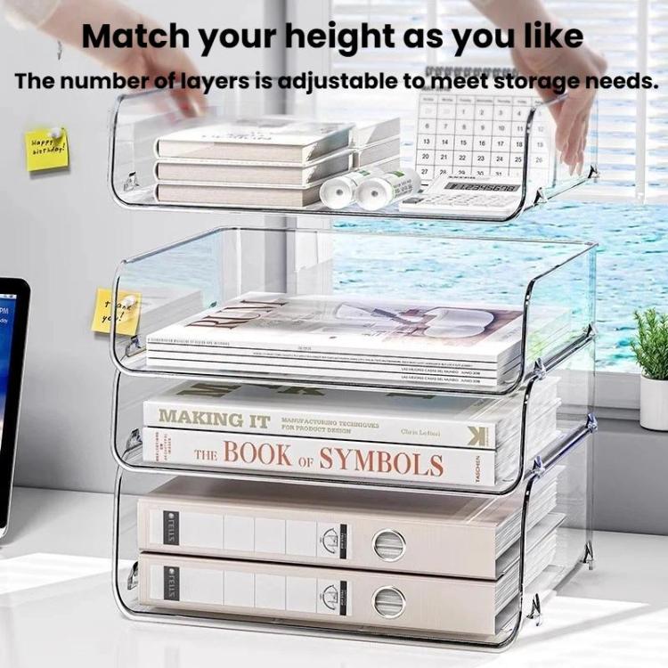 Transparent acrylic desktop file rack with 4 stacked shelves and metal side rails