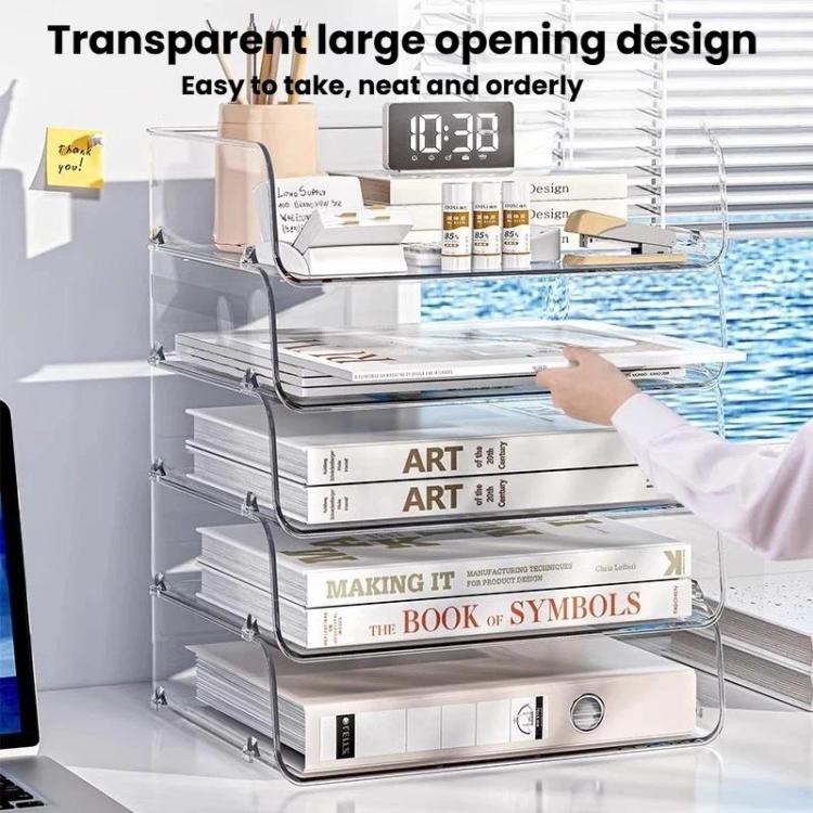 Transparent acrylic file rack with wide open front and multi-level stacked shelves