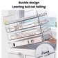 Transparent acrylic book and file rack with buckle-style securing bar and stacked layers