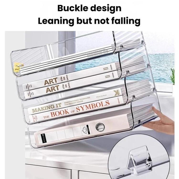 Transparent acrylic book and file rack with buckle-style securing bar and stacked layers