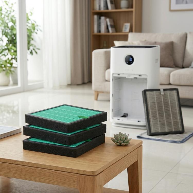Replacement air filters, stacked rectangular units with green pleated media and black frames
