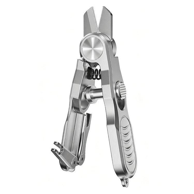 Silver fishing line cutter and knot tool with scissor jaws and hook-eye feature.