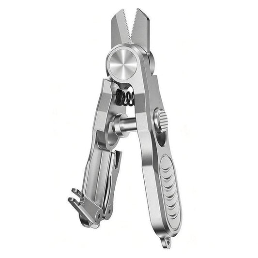 Silver fishing line cutter and knot tool with scissor jaws and hook-eye feature.