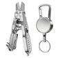 Silver fishing scissors with retractable clip and hook-eye knot-tying tool.