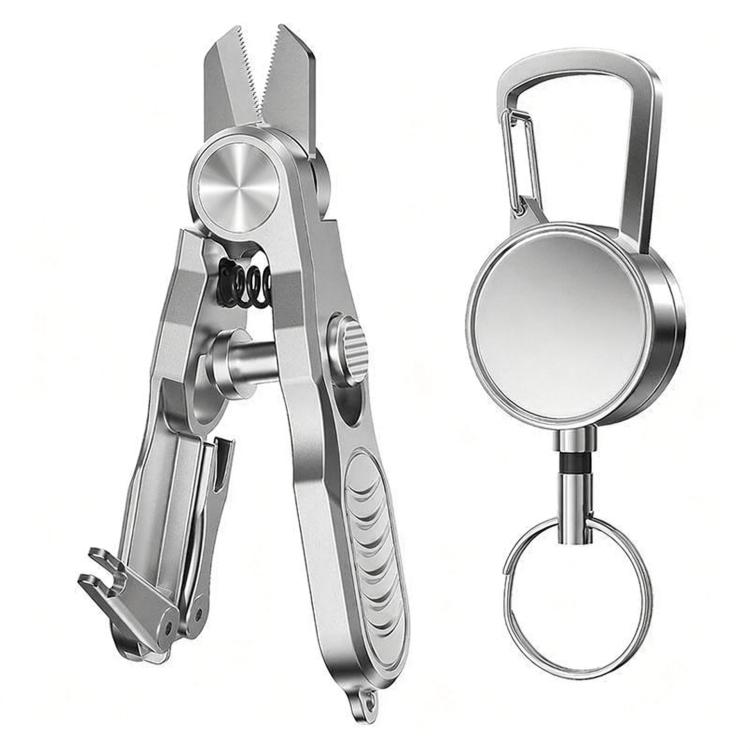 Silver fishing scissors with retractable clip and hook-eye knot-tying tool.