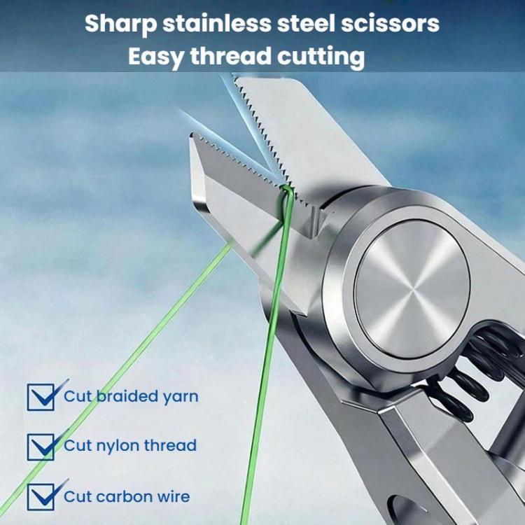Silver serrated fishing scissors head with cutting blades for line and thread.