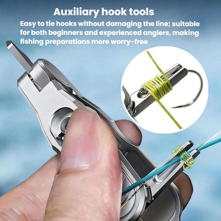 Silver hook-eye tie tool with cutter tip, held in hand for knotting.