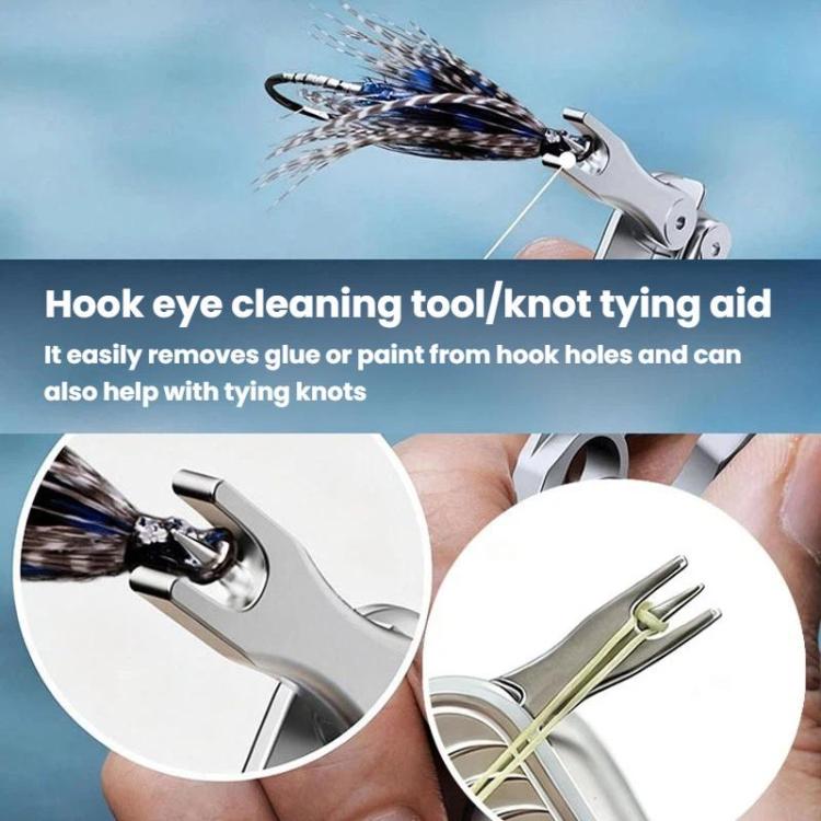 Silver knot-tying aid with hook-eye cleaning tip and line-cutting tool end.