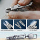 Silver fishing scissors tool with serrated blade, safety lock, and anti-slip grip.