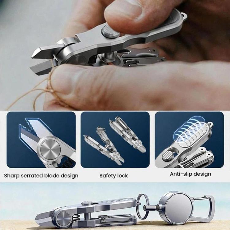 Silver fishing scissors tool with serrated blade, safety lock, and anti-slip grip.