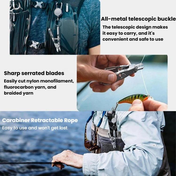 Silver retractable carabiner and fishing scissors with serrated blades for carrying.