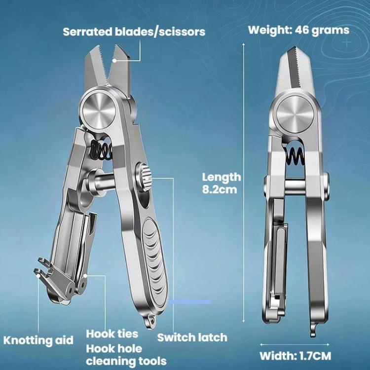 Silver fishing line cutter and knot tool with serrated blades and hook-tie latch.