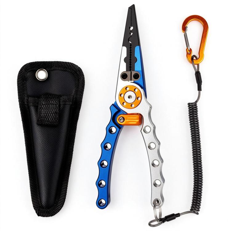 Blue and silver long-nose fishing hook remover pliers with orange lanyard and black pouch