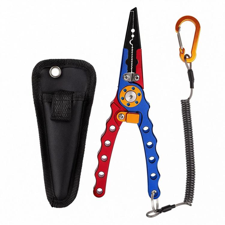 Red and blue long-nose fishing hook remover pliers with orange lanyard and black pouch