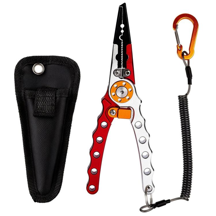 Red, blue, and silver long-nose fishing hook remover pliers with orange lanyard and black pouch
