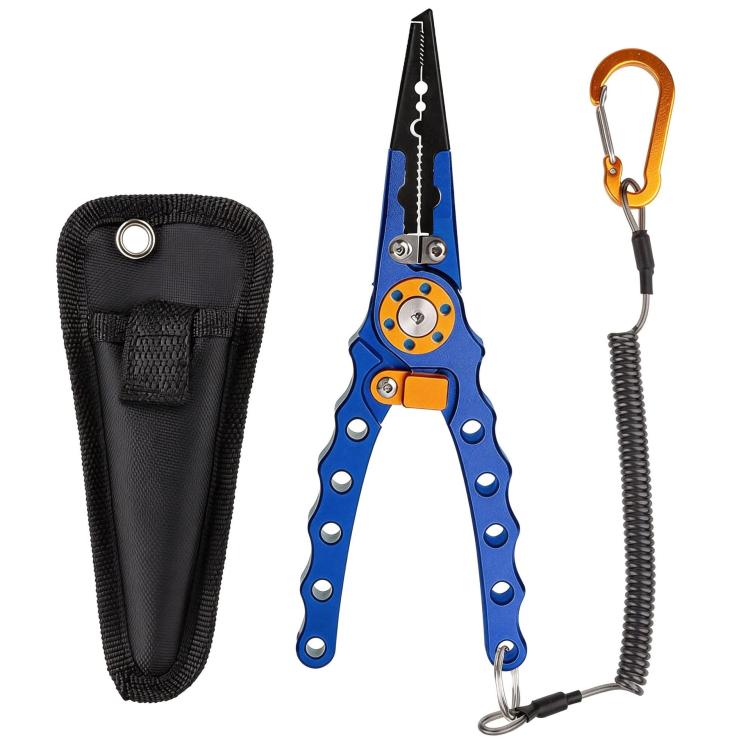 Blue and silver long-nose fishing hook remover pliers with orange lanyard and black pouch