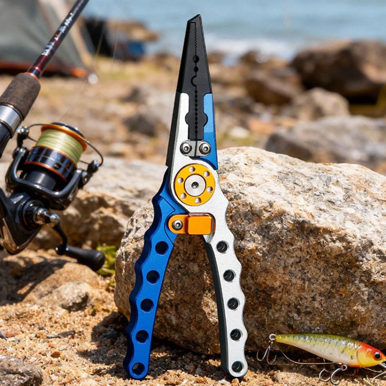Blue and silver long-nose fishing hook remover pliers with orange carabiner lanyard