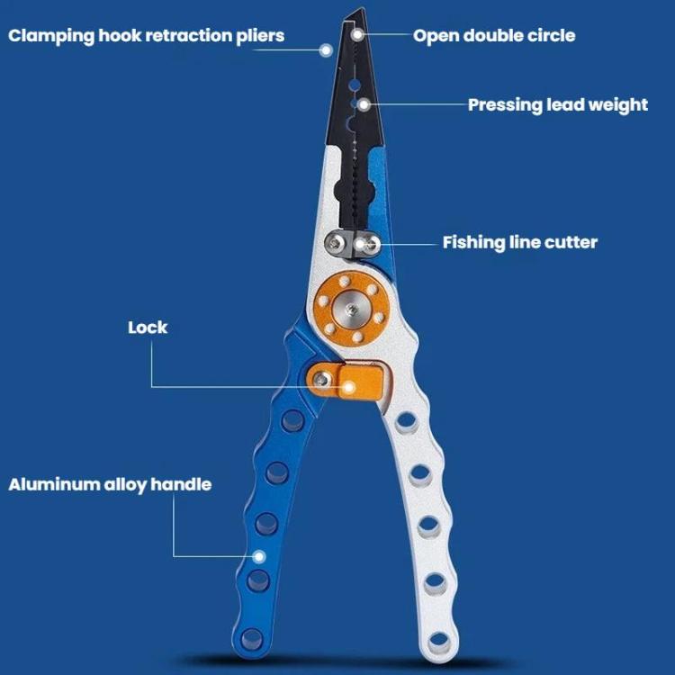 Long-nose fishing hook remover pliers design with lock and fishing line cutter