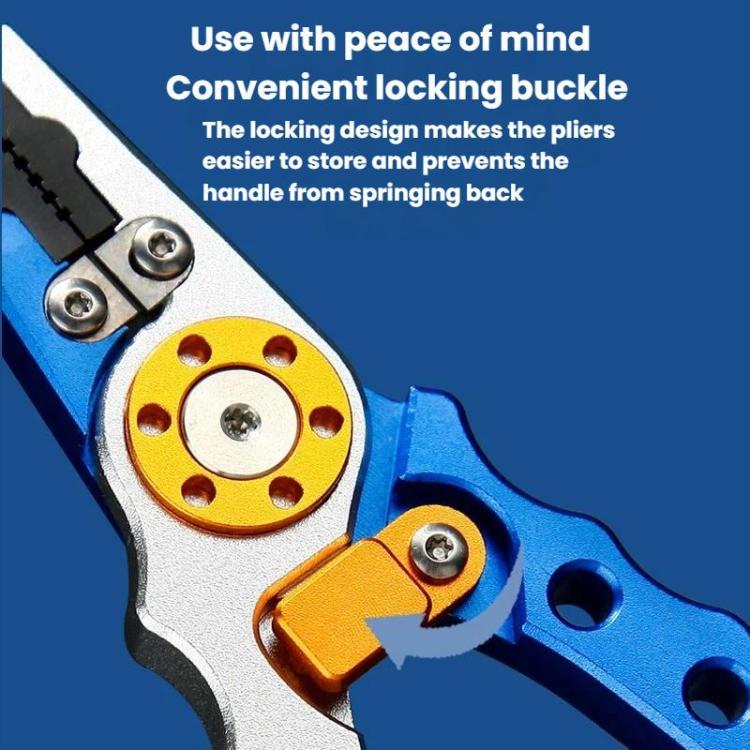 Fishing hook remover pliers close-up with orange locking buckle and blue handles