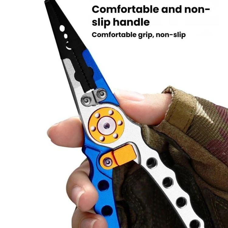 Hand holding blue and black long-nose hook remover pliers with orange locking wheel