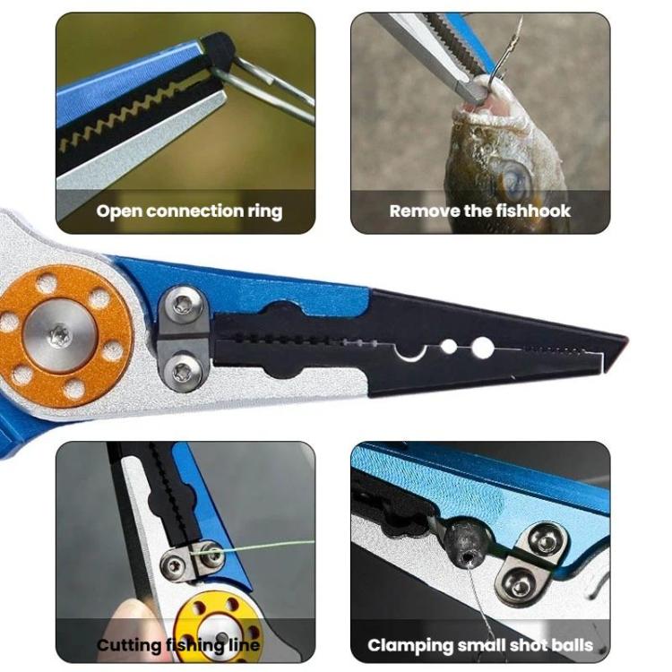 Long-nose fishing hook remover pliers with cutting jaw and open connection ring