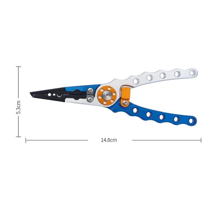 Blue and silver long-nose fishing hook remover pliers with orange puller wheel
