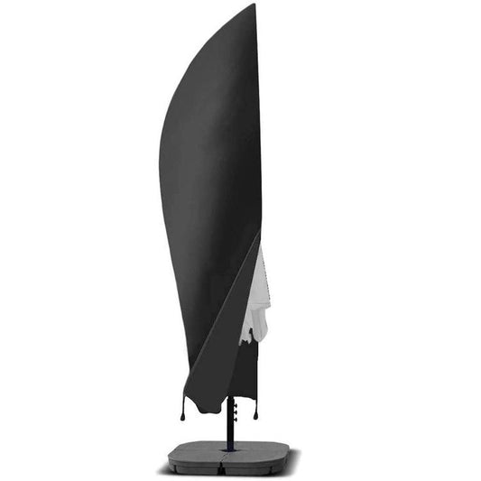 Black heavy-duty umbrella cover for 9–11 ft cantilever banana parasols, draped on stand