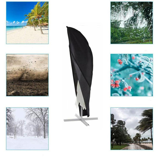 Black cantilever banana parasol cover shown with weatherproofing protection icons