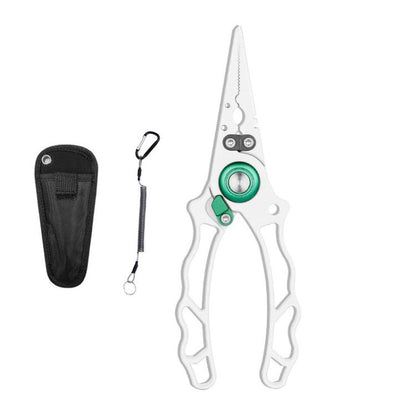 White fishing pliers with hook remover and PE line cutter, included black holster.