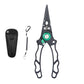 Black fishing pliers with hook remover and PE line cutter, with black holster and lanyard.
