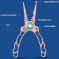Pink fishing pliers diagram showing hook remover and line cutter features.
