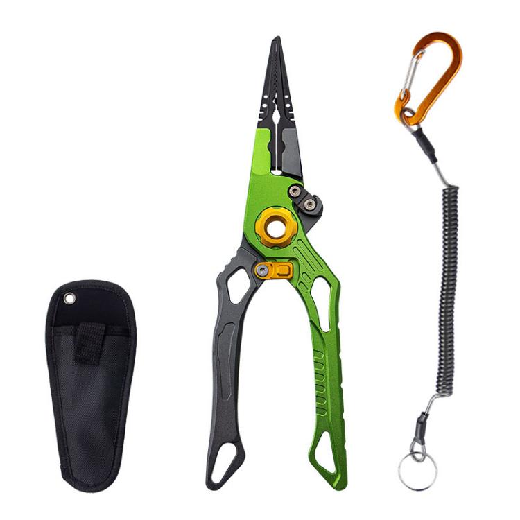 Green and gray fishing hook removal pliers with black holster and spring lanyard