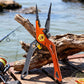 Orange and gray fishing pliers with serrated jaws resting on driftwood by a lake