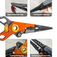 Orange and gray fishing pliers showing side cutter and clamp jaw sections