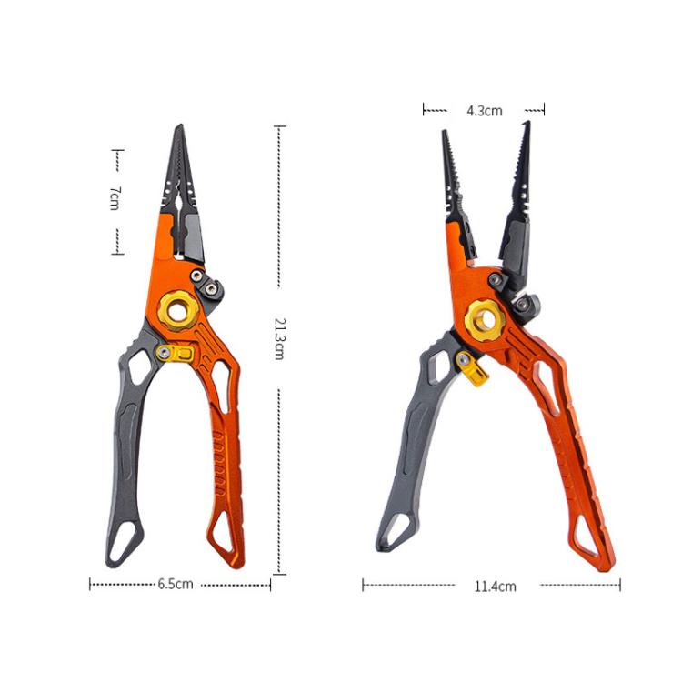 Orange and gray fishing pliers size diagram showing compact and extended jaw length