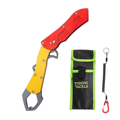 Foldable fish-gripping pliers with red handle, yellow body, and gray gripping jaws